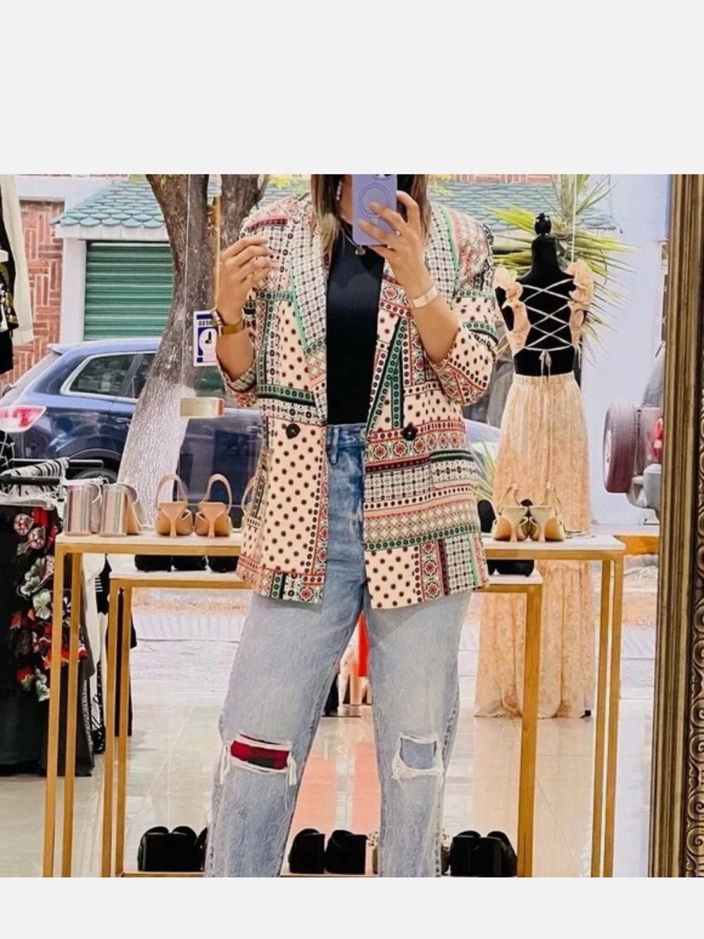 ZARA Retro Patchwork Printed Multicolor Satin-Effect Blazer and matching pants - Picture 8 of 10